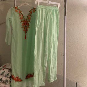 Utsav Women's Light Green Hand Embroidered Cotton Three Piece Outfit 34"NIP